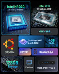 Mini PC,Intel Celeron N4020  Computer 4GB RAM 128GB eMMC,Fanless Micro Desktop Computer Suppport HDMI&VGA, 2.4/5G WiFi,BT5.0,Gigabit Ethernet for Business, Home